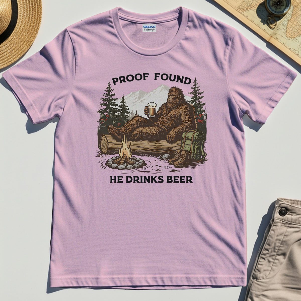 Funny Bigfoot "Proof Found He Drinks Beer" Camping T-Shirt, Sasquatch Beer Lover T-Shirt For Campers 5