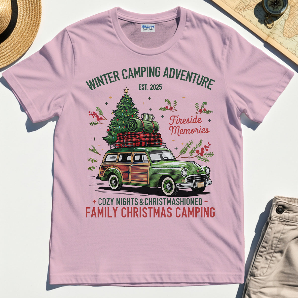 Winter Camping Adventure T-Shirt, Retro Car with Tree Family Christmas Camping Shirt 5