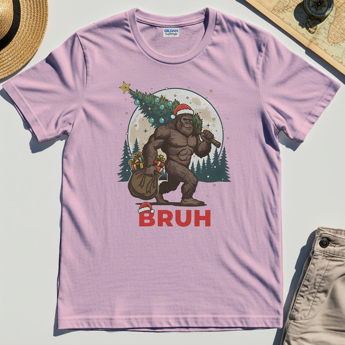 Bigfoot Christmas "BRUH" T-Shirt, Retro Santa Hat Sasquatch Carrying Christmas Tree Shirt 5