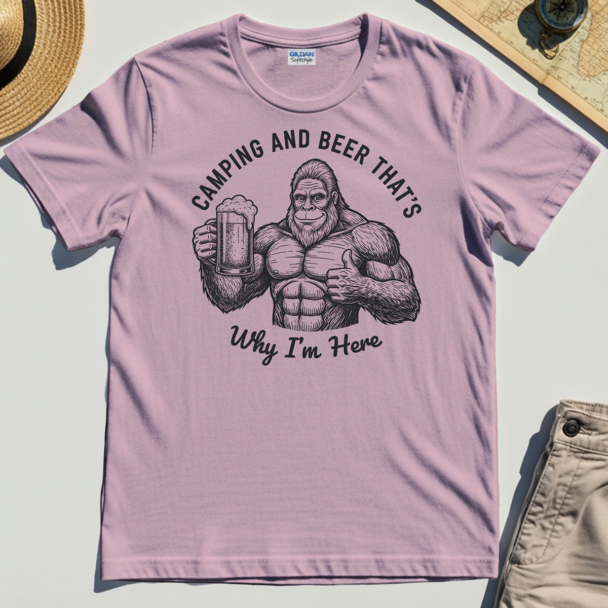 "Camping and Beer That’s Why I’m Here" Funny Bigfoot Camping T-Shirt 1