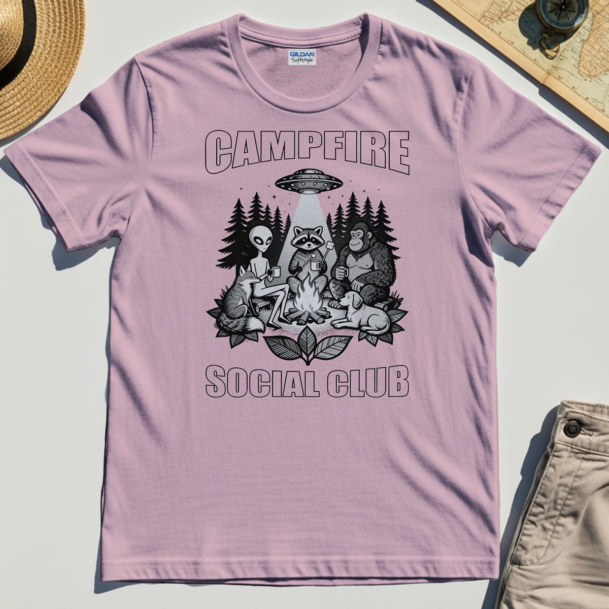 Campfire Social Club With Alien, Bigfoot, UFO And Raccoon T-Shirt 6