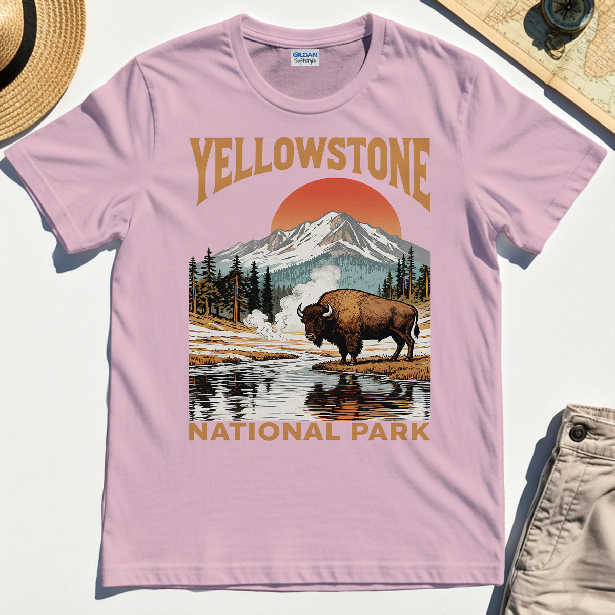 Yellowstone National Park T-Shirt, Vintage Bison Sunset Mountain Shirt For Campers 6