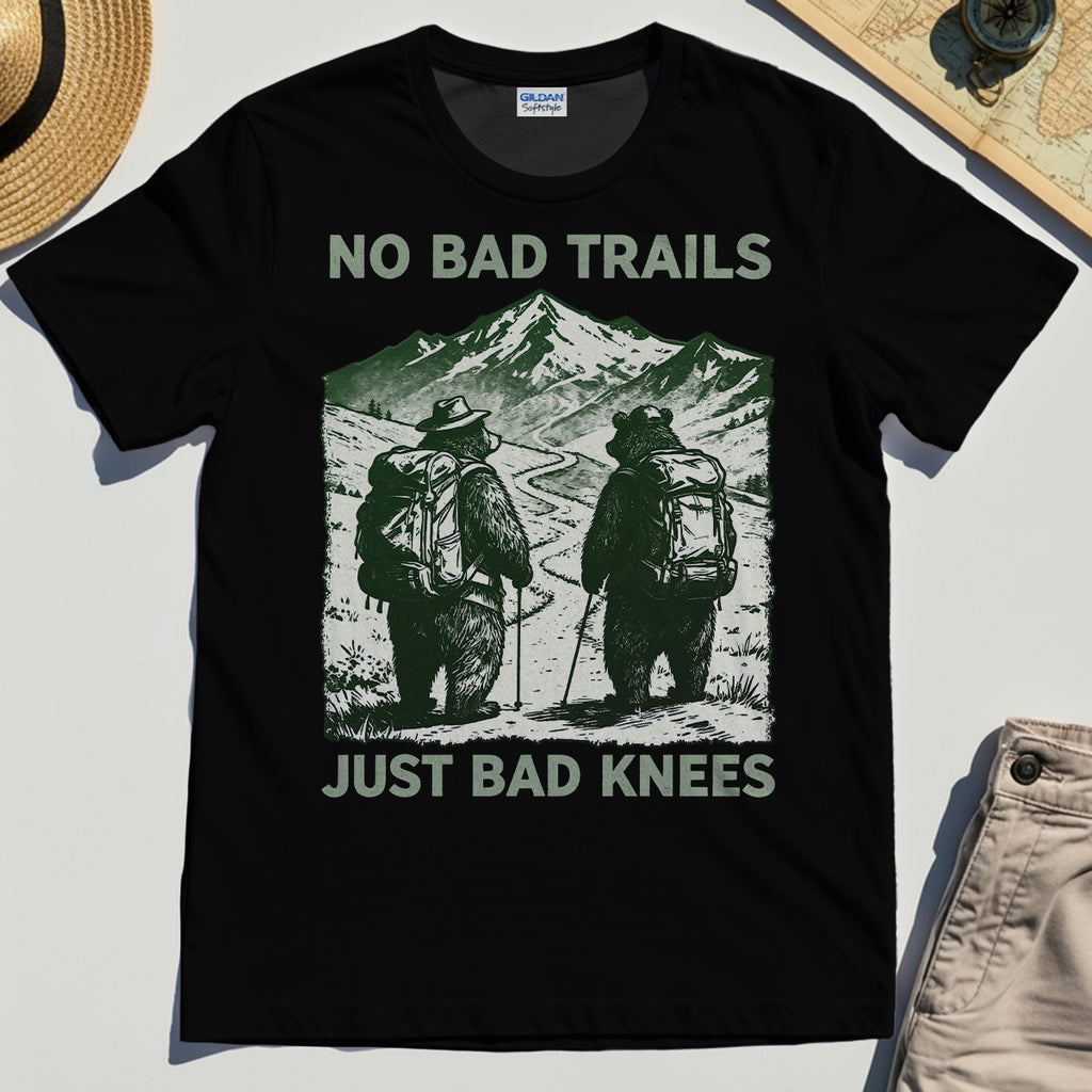 No Bad Trails Just Bad Knees T-Shirt, Vintage Bear Backpacking Shirt for Campers and Outdoor Enthusiasts 1