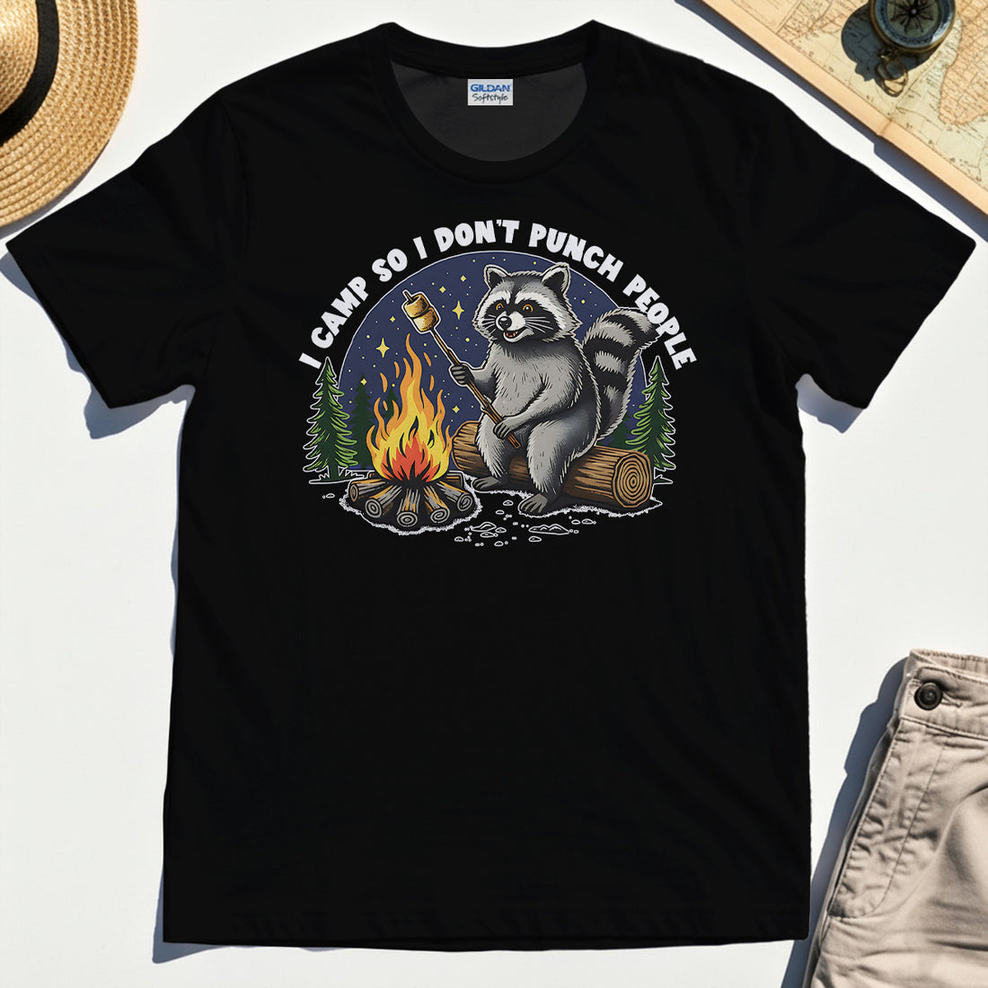 I Camp So I Don’t Punch People Shirt, Funny Raccoon Marshmallow Campfire Tee 1