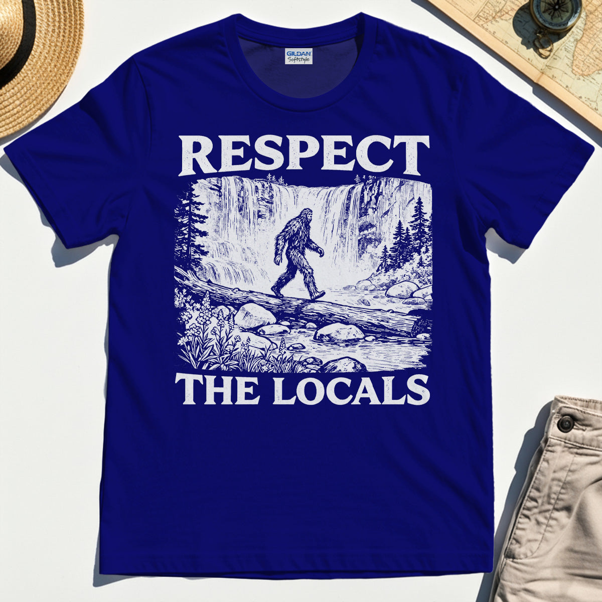 Bigfoot Respect The Locals Shirt, Vintage Waterfall Hiking Graphic Tee for Camper And Adventurers 6