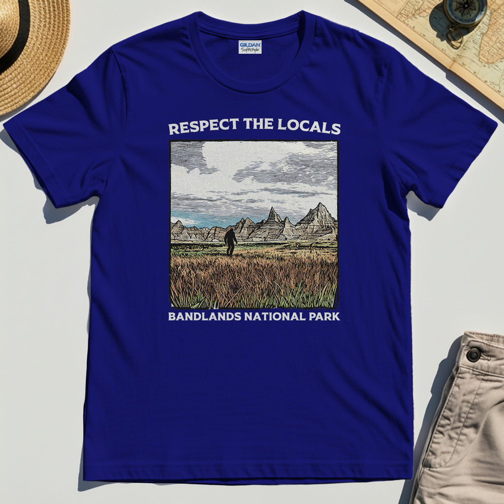 Sasquatch Respect The Locals T-Shirt, Bigfoot Hiking Through Badlands National Park Shirt 6