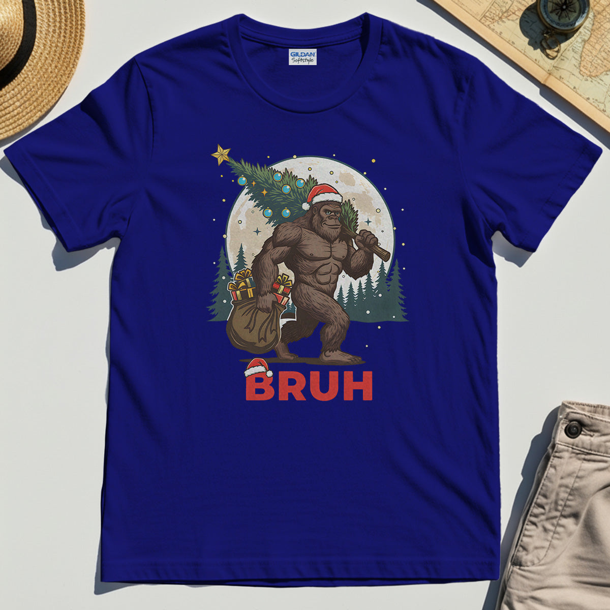 Bigfoot Christmas "BRUH" T-Shirt, Retro Santa Hat Sasquatch Carrying Christmas Tree Shirt 6