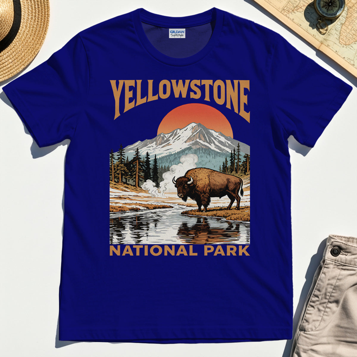 Yellowstone National Park T-Shirt, Vintage Bison Sunset Mountain Shirt For Campers 7