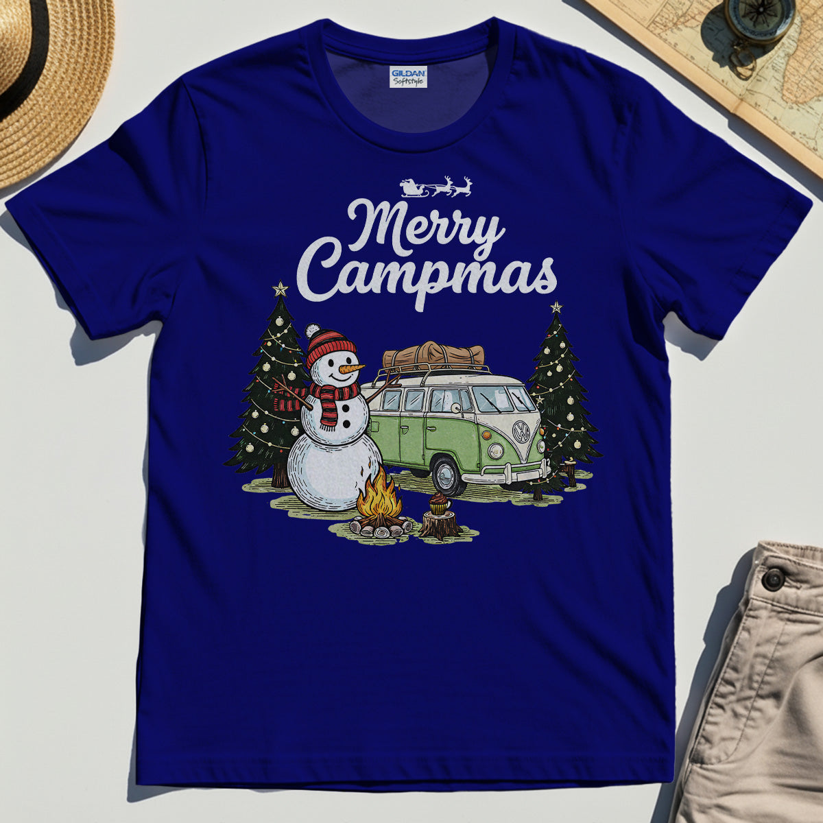 Funny Merry Christmas Camping T-Shirt, Retro Camper Van Snowman Campfire Tee for Outdoor Lovers 2