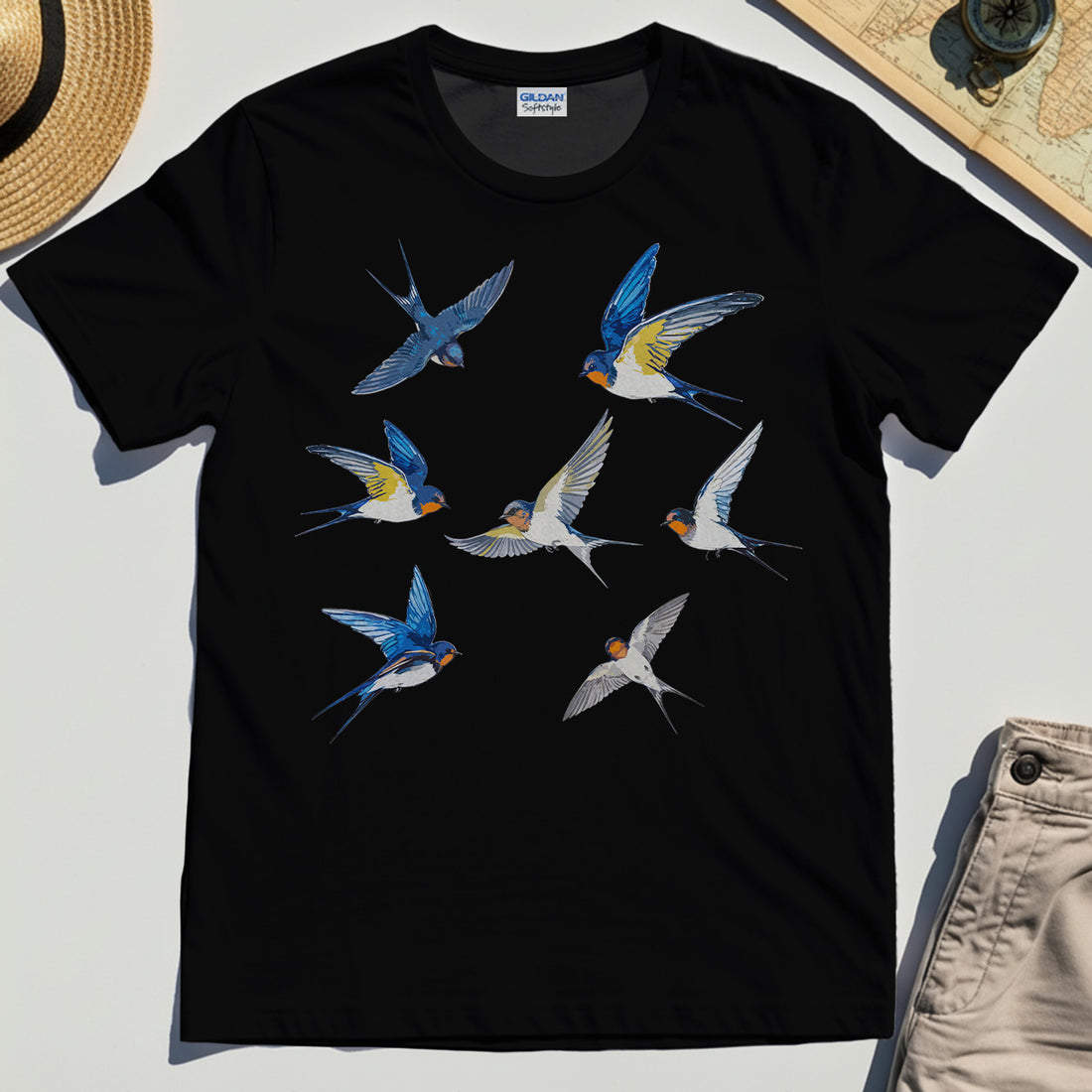 Elegant Flying Swallows Shirt, Minimalist Wildlife Camping Graphic Shirt Gift For Nature Campers 1