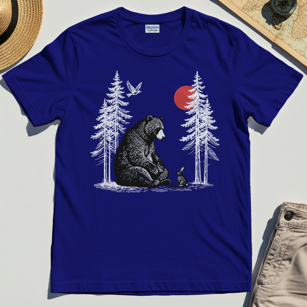 Bear and Bunny Under Red Sun Shirt, Vintage Forest Nature Graphic Tee, Wildlife Art T-Shirt For Outdoor Lovers 6