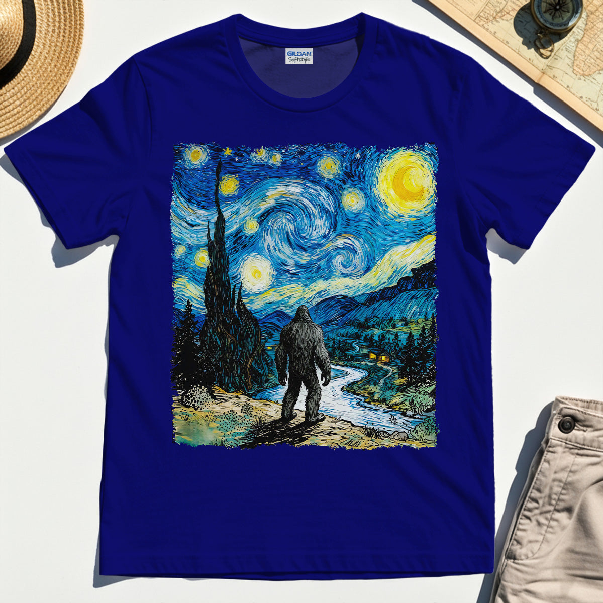 Funny Sasquatch Van Gogh Parody Tee, Bigfoot Starry Night T-Shirt 6