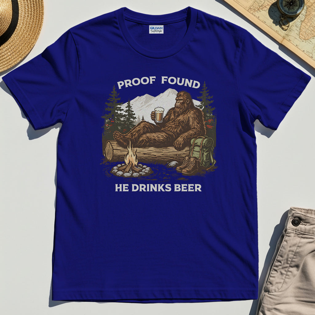 Funny Bigfoot "Proof Found He Drinks Beer" Camping T-Shirt, Sasquatch Beer Lover T-Shirt For Campers 6