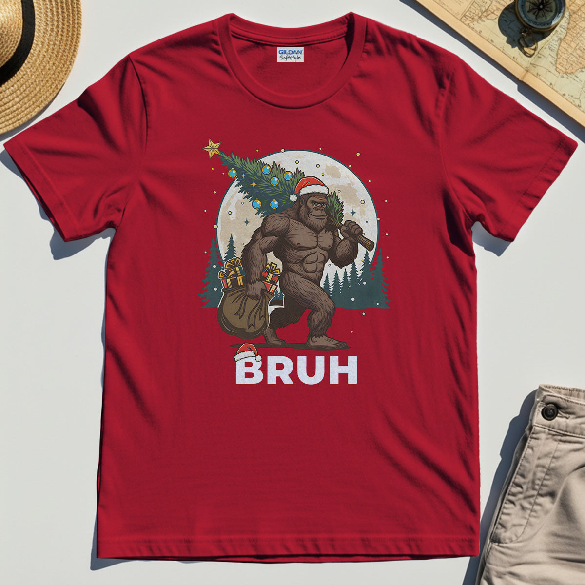 Bigfoot Christmas "BRUH" T-Shirt, Retro Santa Hat Sasquatch Carrying Christmas Tree Shirt 7