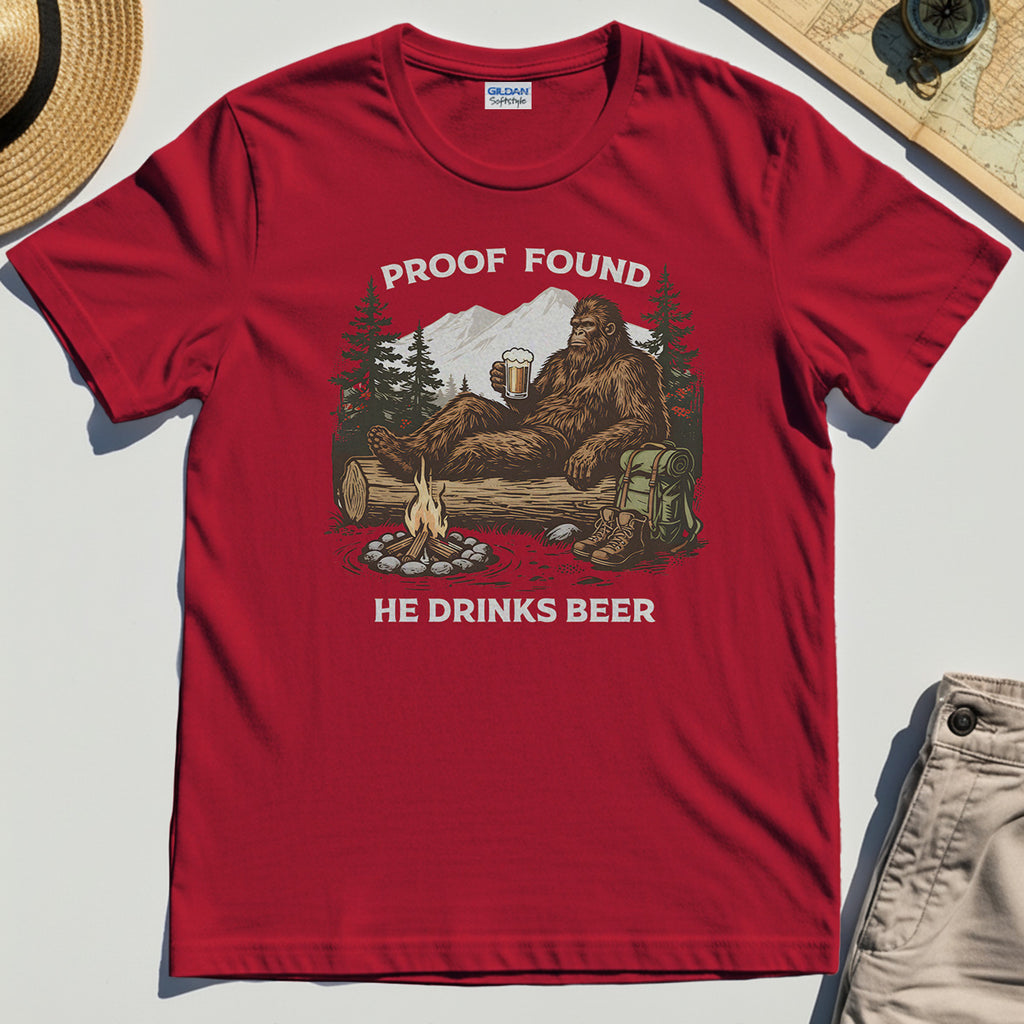 Funny Bigfoot "Proof Found He Drinks Beer" Camping T-Shirt, Sasquatch Beer Lover T-Shirt For Campers 7