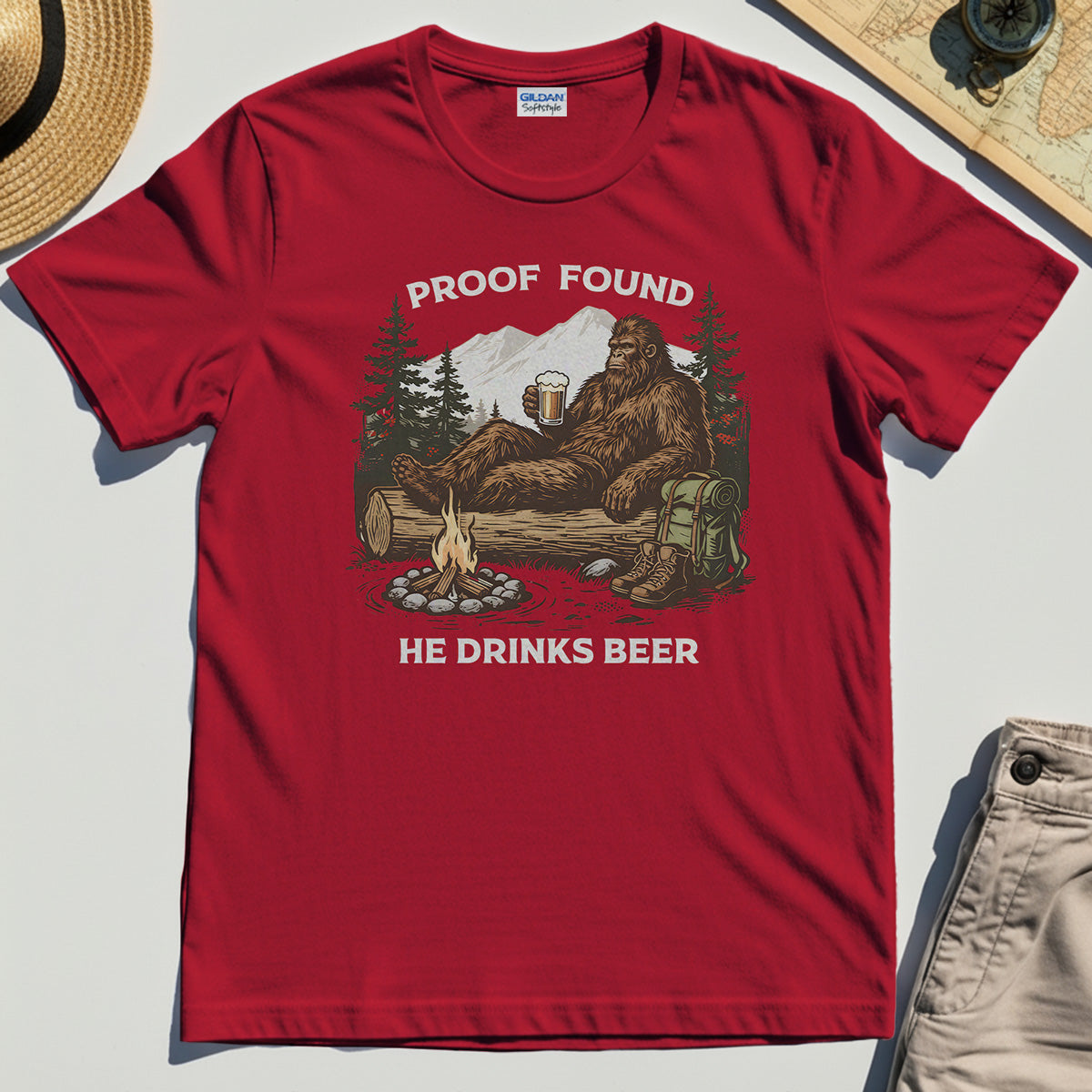 Funny Bigfoot "Proof Found He Drinks Beer" Camping T-Shirt, Sasquatch Beer Lover T-Shirt For Campers 7