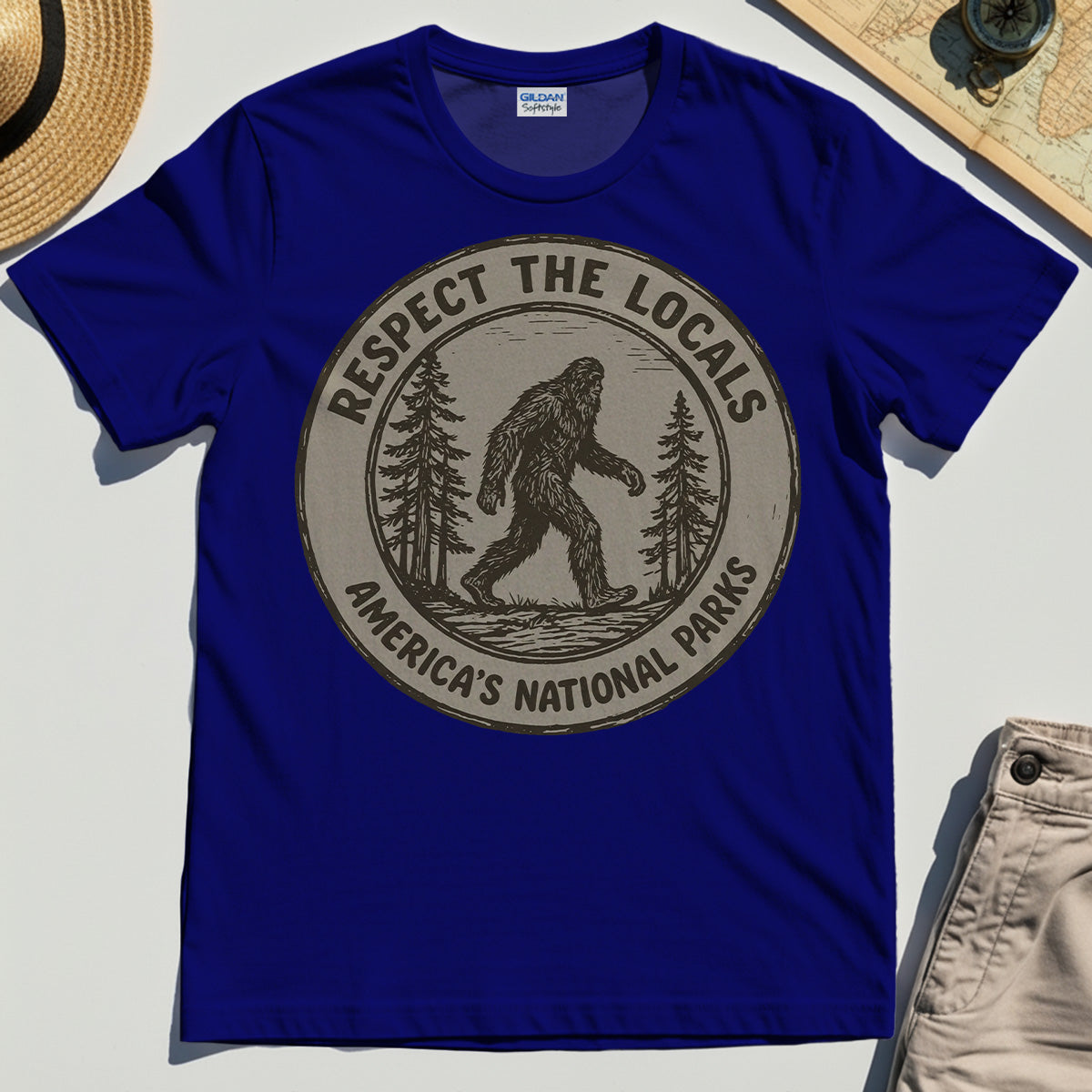 Retro Respect the Locals Bigfoot T-Shirt, Funny Sasquatch National Park Camping Tee 4