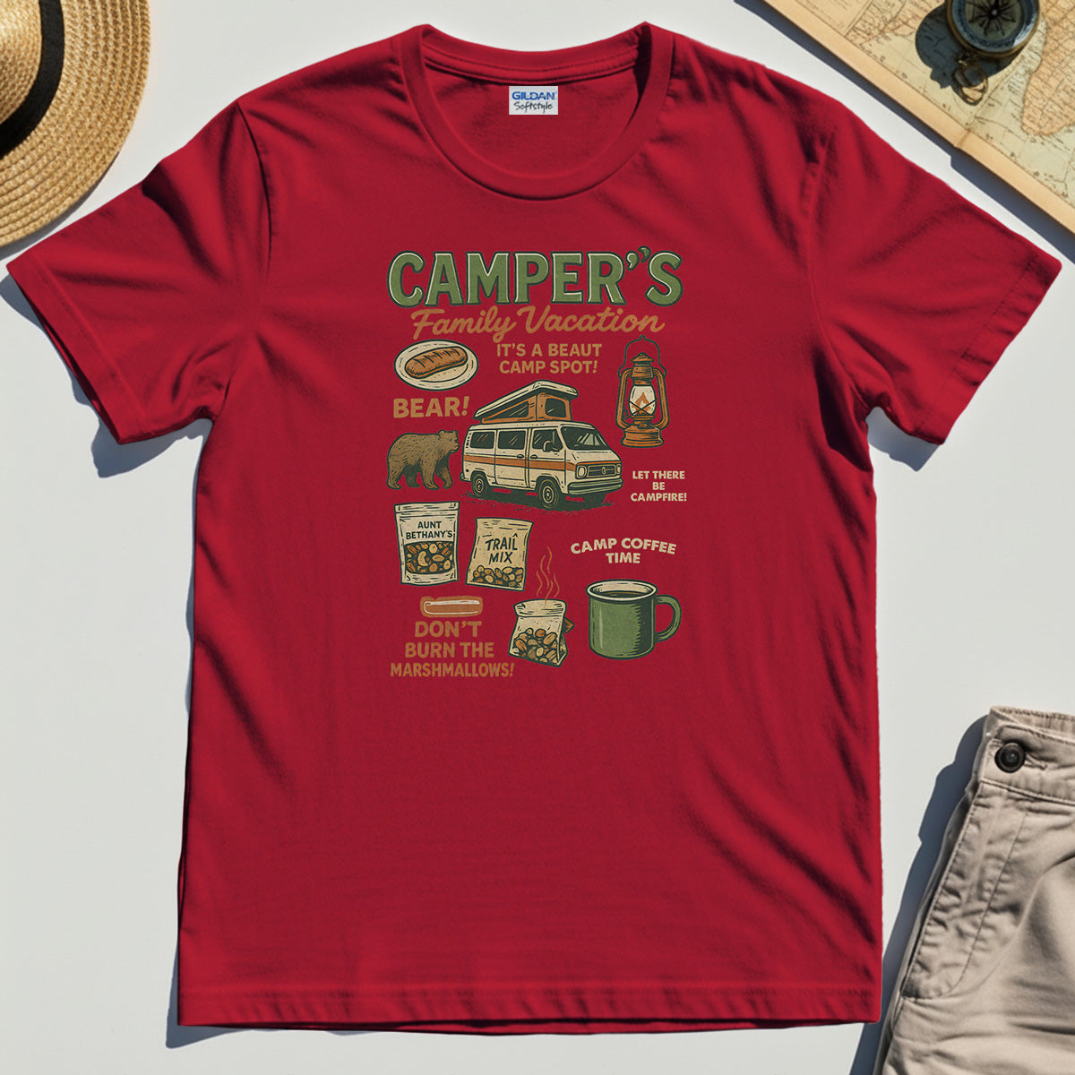Camper’s Family Vacation T-Shirt, Funny Outdoor Campfire Coffee Trail Mix Adventure Tee 7