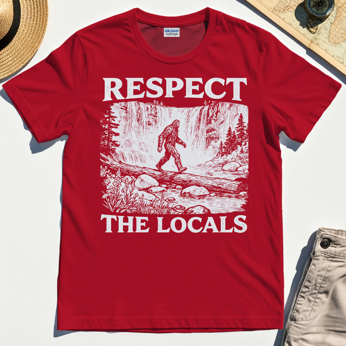 Bigfoot Respect The Locals Shirt, Vintage Waterfall Hiking Graphic Tee for Camper And Adventurers 7