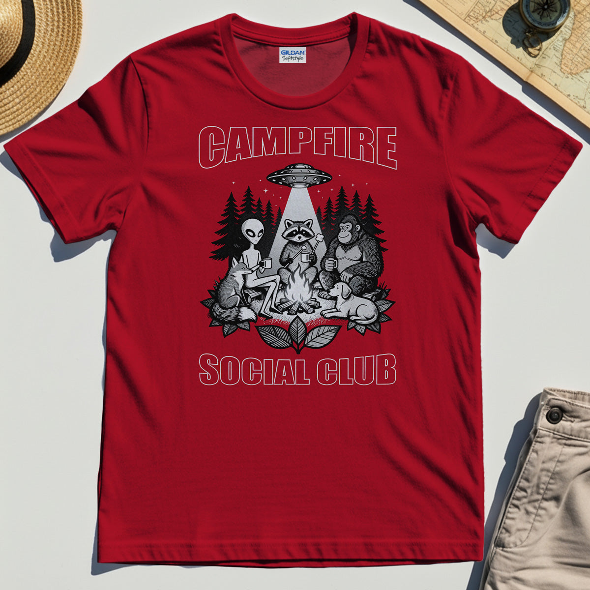 Campfire Social Club With Alien, Bigfoot, UFO And Raccoon T-Shirt 8