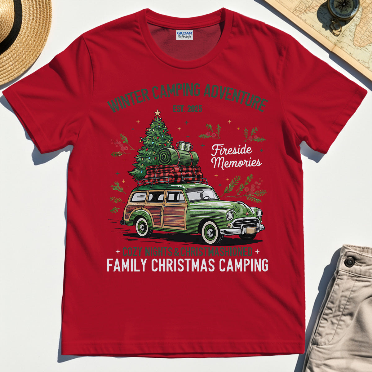 Winter Camping Adventure T-Shirt, Retro Car with Tree Family Christmas Camping Shirt 7
