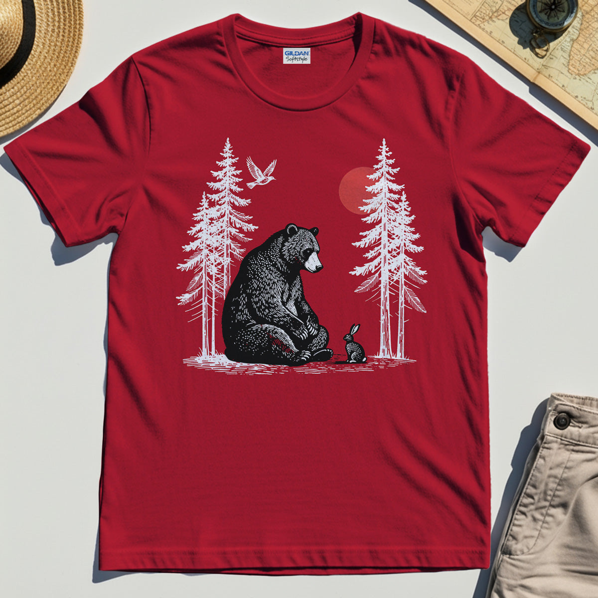 Bear and Bunny Under Red Sun Shirt, Vintage Forest Nature Graphic Tee, Wildlife Art T-Shirt For Outdoor Lovers 7