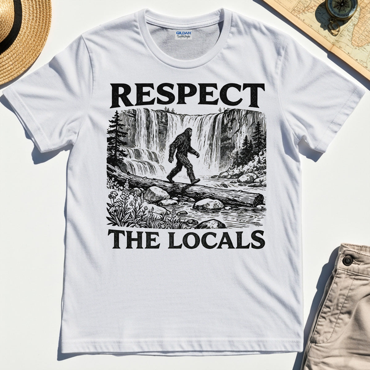 Bigfoot Respect The Locals Shirt, Vintage Waterfall Hiking Graphic Tee for Camper And Adventurers 8