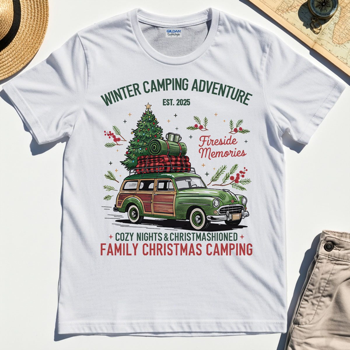 Winter Camping Adventure T-Shirt, Retro Car with Tree Family Christmas Camping Shirt 8
