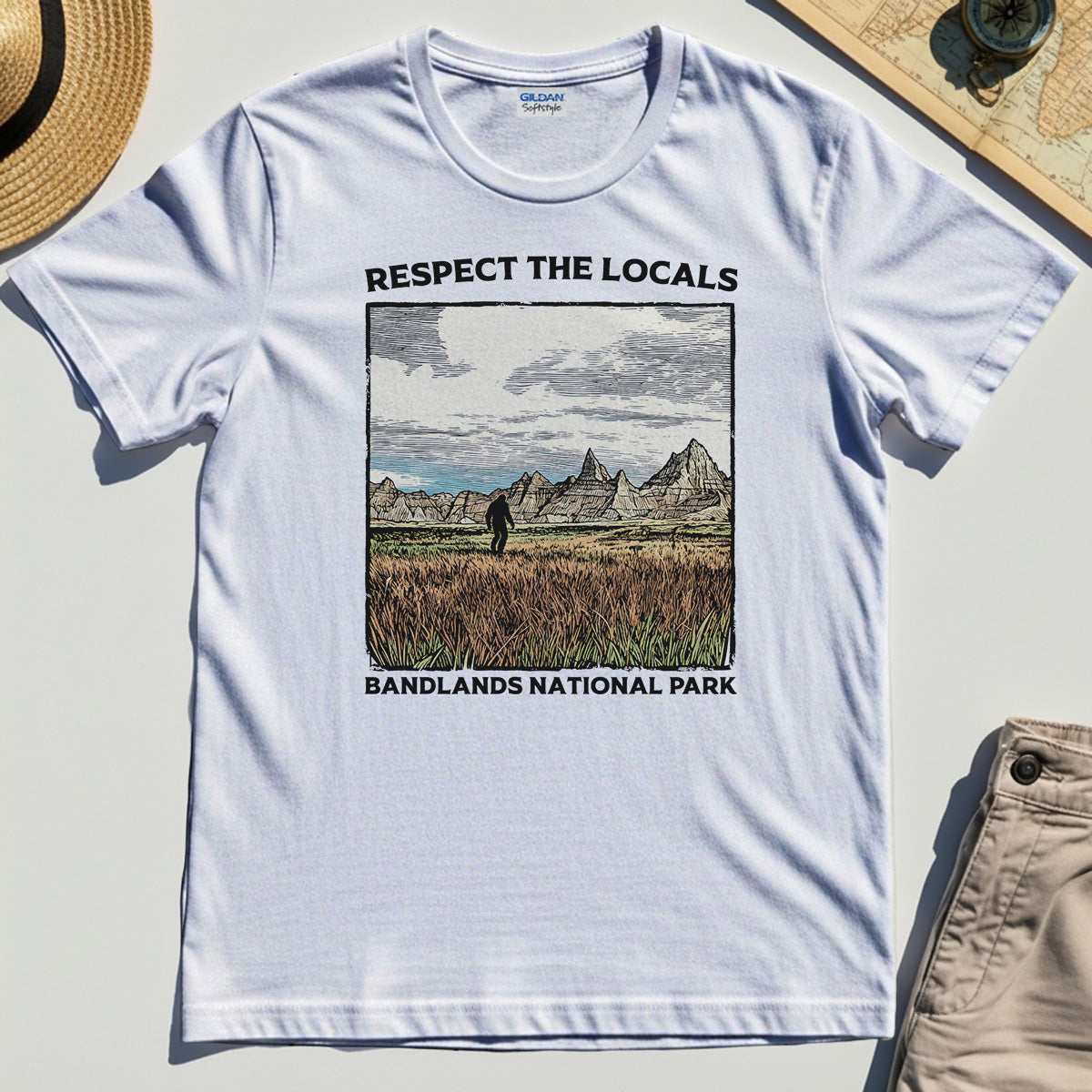 Sasquatch Respect The Locals T-Shirt, Bigfoot Hiking Through Badlands National Park Shirt 8