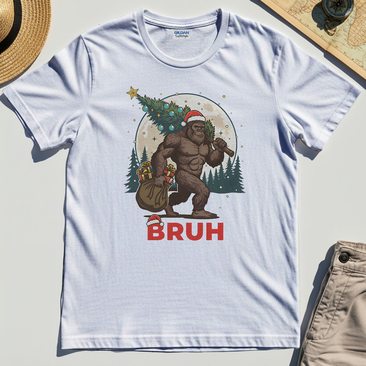 Bigfoot Christmas "BRUH" T-Shirt, Retro Santa Hat Sasquatch Carrying Christmas Tree Shirt 8