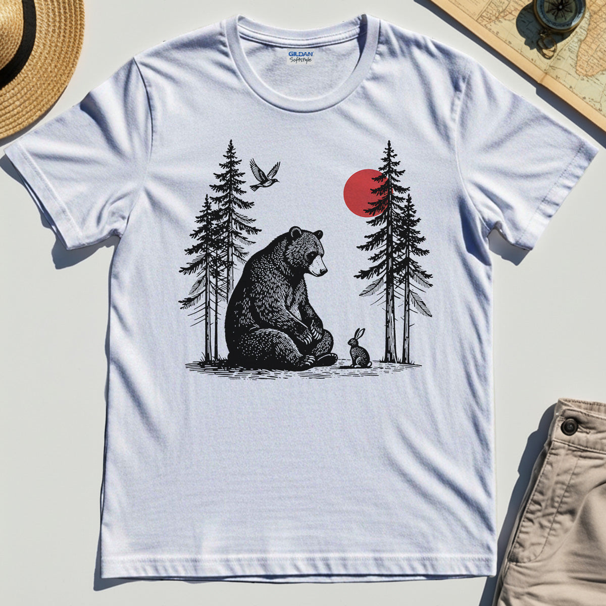 Bear and Bunny Under Red Sun Shirt, Vintage Forest Nature Graphic Tee, Wildlife Art T-Shirt For Outdoor Lovers 8