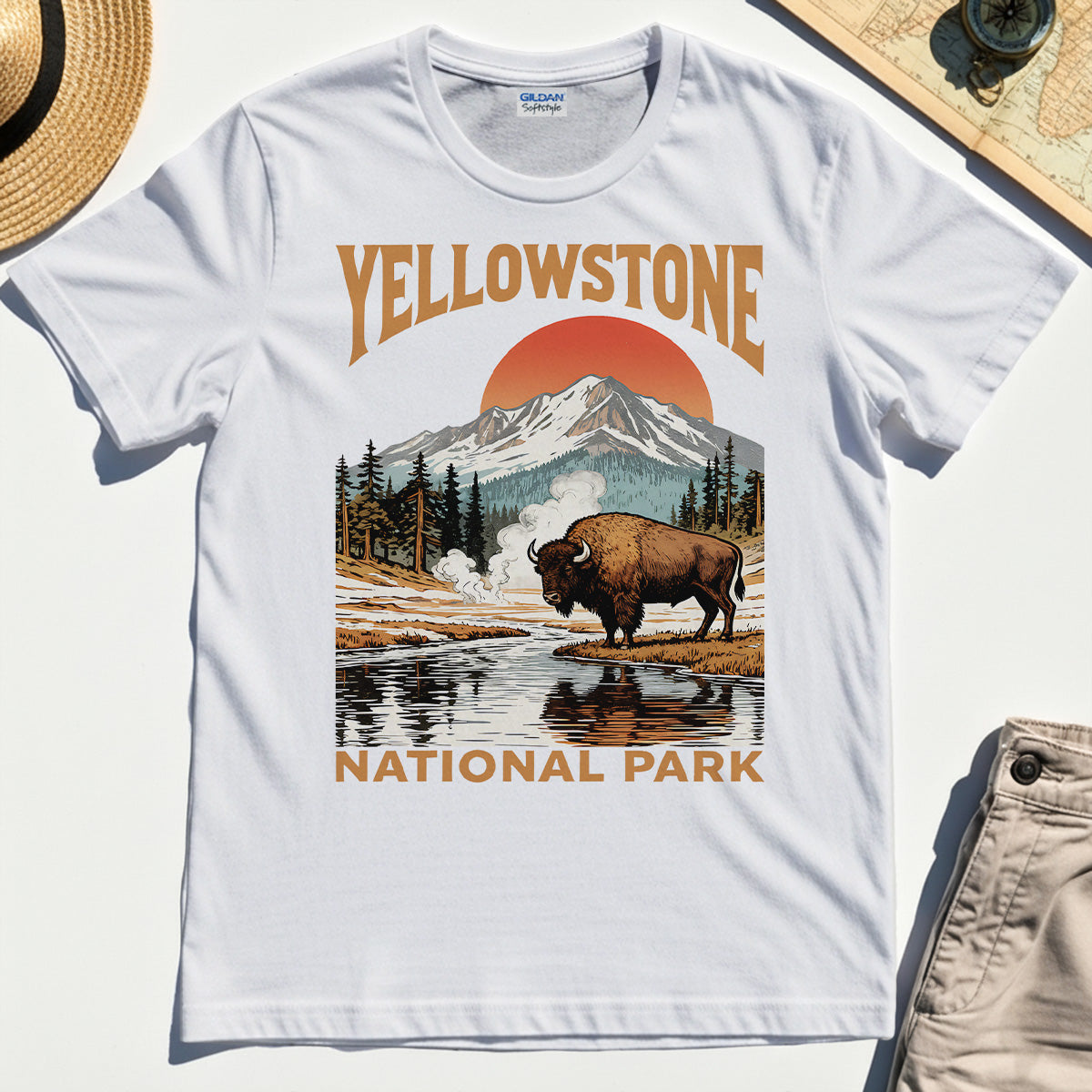 Yellowstone National Park T-Shirt, Vintage Bison Sunset Mountain Shirt For Campers 1