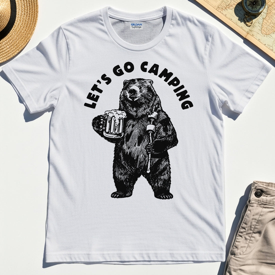 Let’s Go Camping Funny Bear Drinking Beer T-Shirt 1