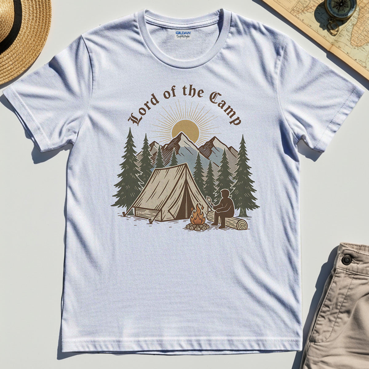 Vintage Lord of the Camp Campfire T-Shirt, Tent And Campfire Mountain Scene Shirt 8