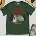 Funny Merry Christmas Camping T-Shirt, Retro Camper Van Snowman Campfire Tee for Outdoor Lovers 3