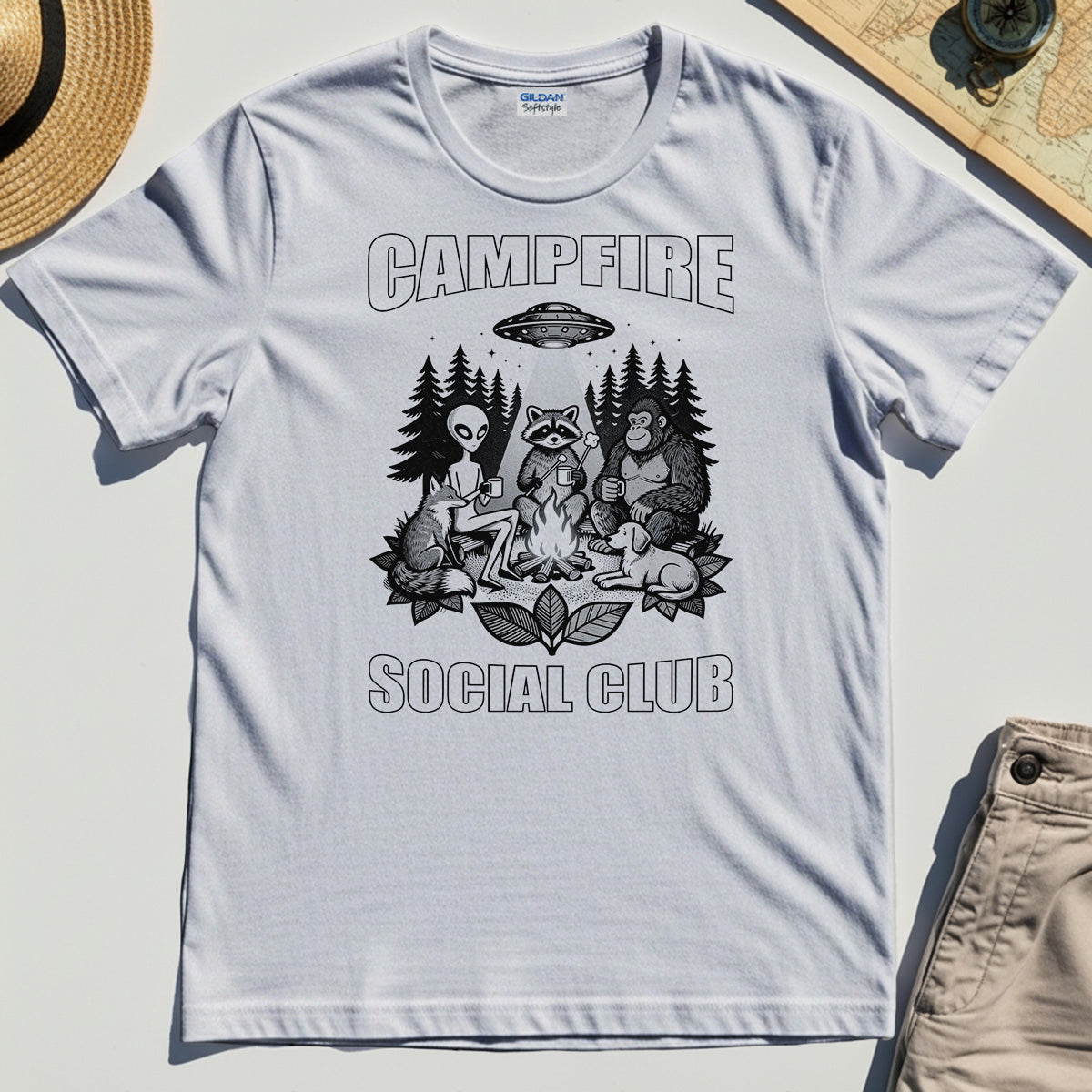 Campfire Social Club With Alien, Bigfoot, UFO And Raccoon T-Shirt 1