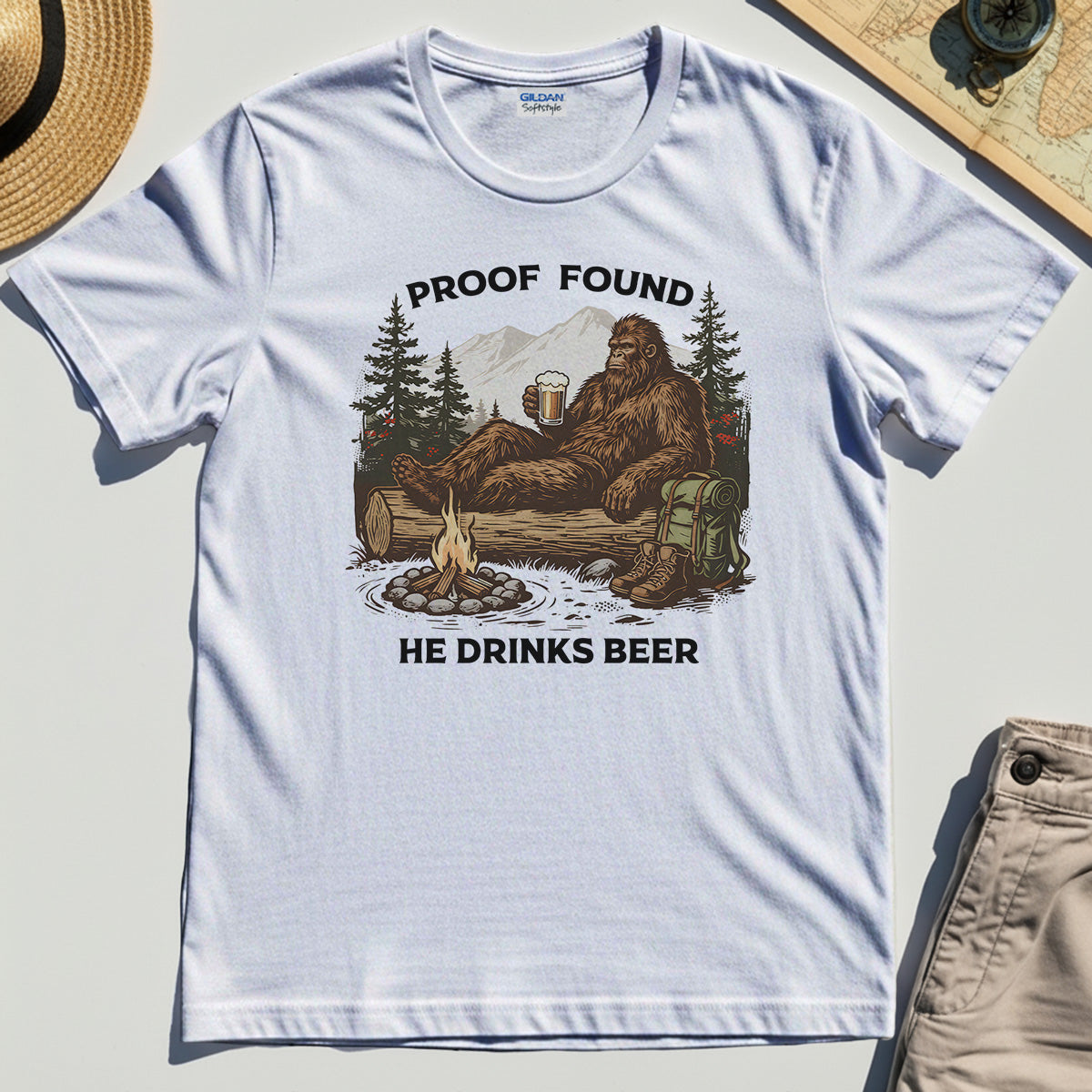 Funny Bigfoot "Proof Found He Drinks Beer" Camping T-Shirt, Sasquatch Beer Lover T-Shirt For Campers 8