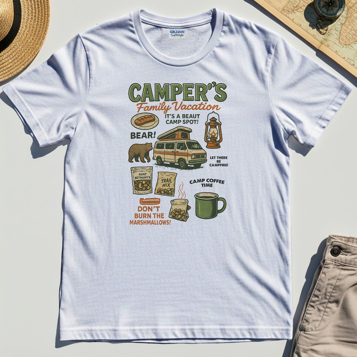 Camper’s Family Vacation T-Shirt, Funny Outdoor Campfire Coffee Trail Mix Adventure Tee 8