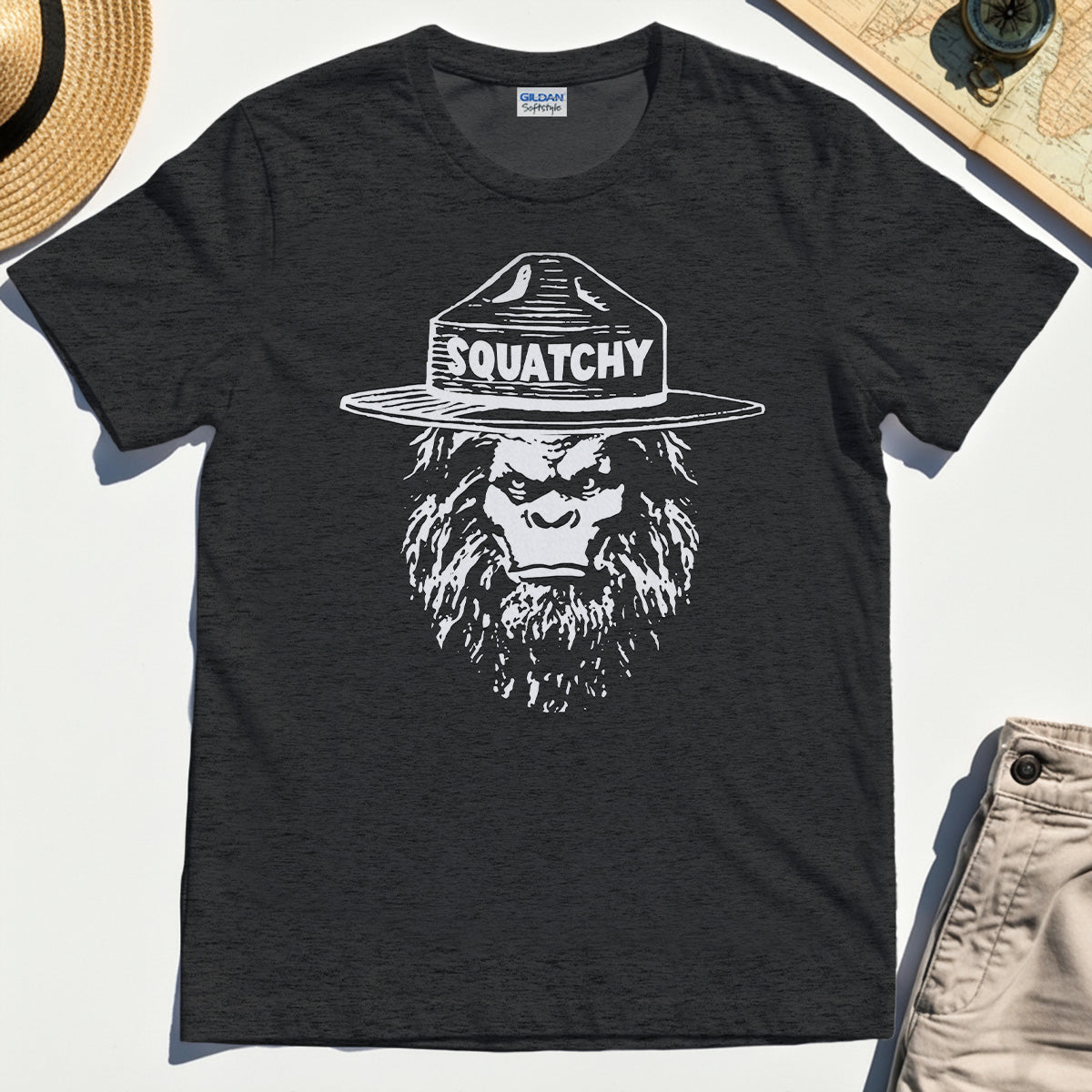 Sasquatch "SQUATCHY" Funny Bigfoot Tee, Retro Line Art Bigfoot Face Tee For Camping Lovers 3