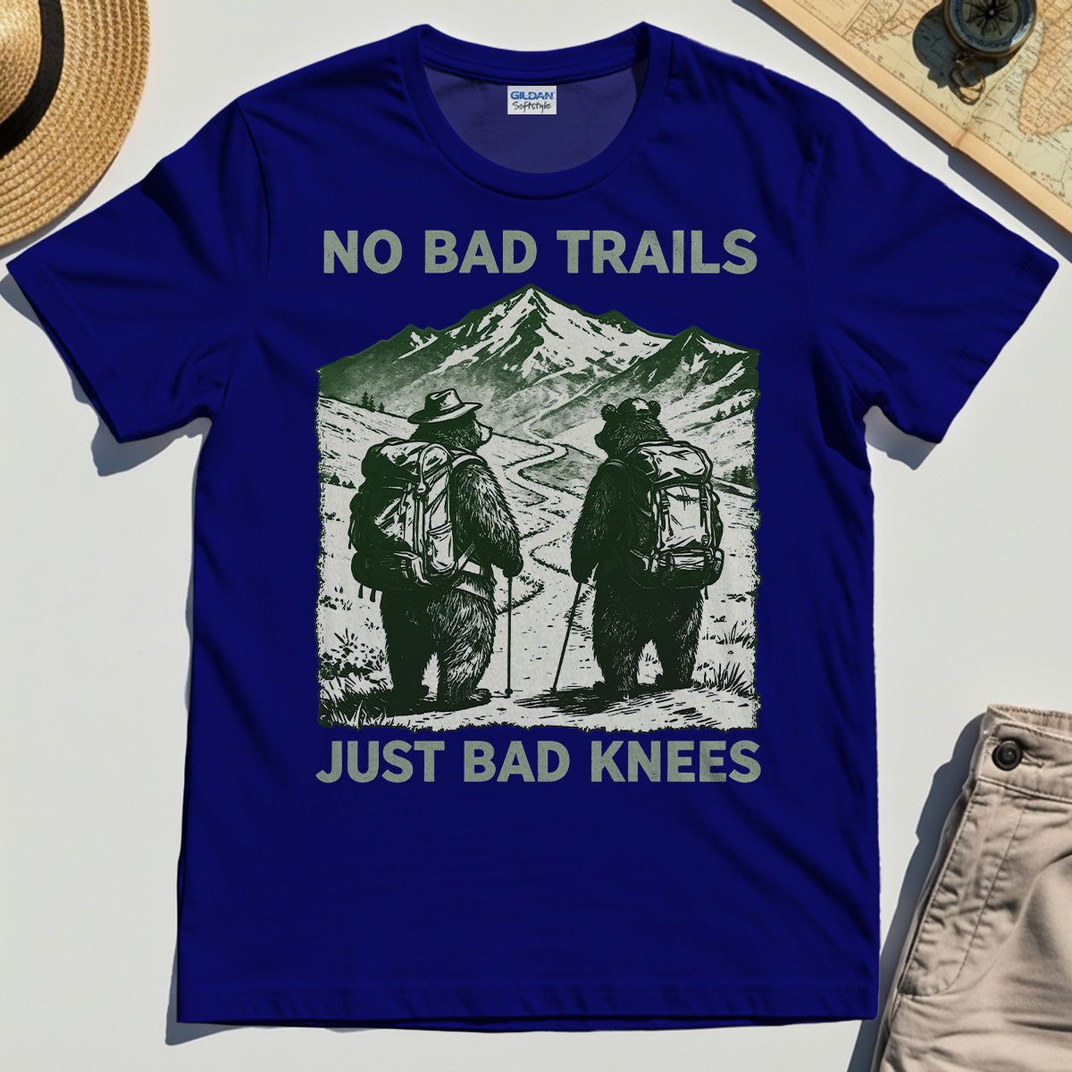 No Bad Trails Just Bad Knees T-Shirt, Vintage Bear Backpacking Shirt for Campers and Outdoor Enthusiasts 3