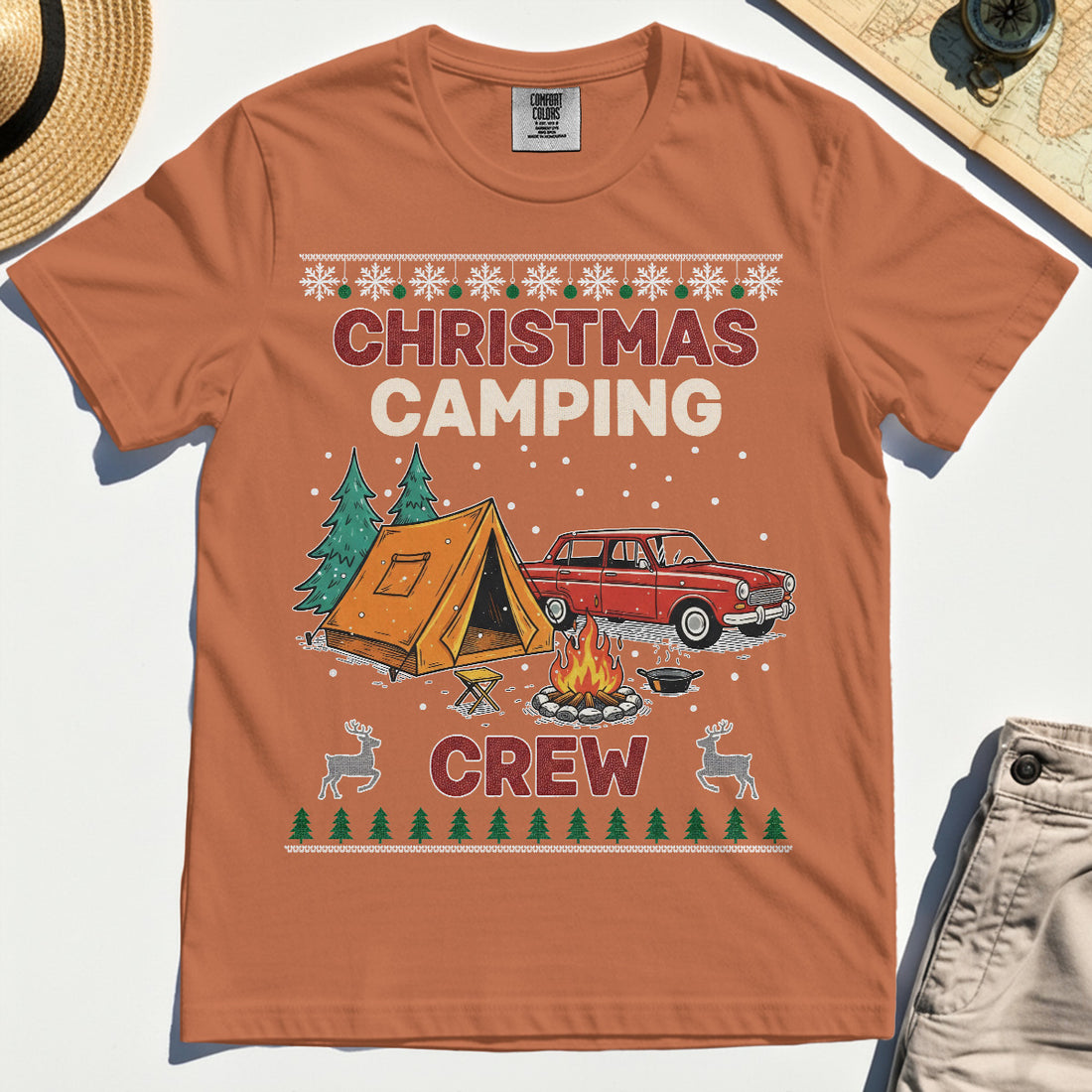 Retro Red Car Cream Christmas Camping Crew Comfort T-Shirt