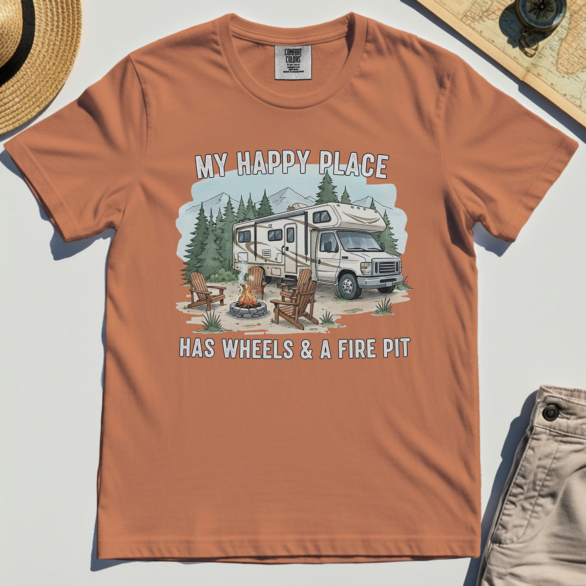 My Happy Place Has Wheels & A Fire Pit Comfort Color Tee 8