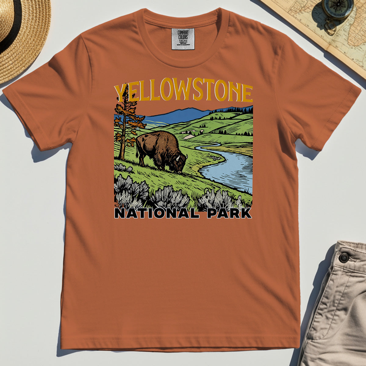 Yellowstone National Park Comfort Color Tees, Vintage Bison Landscape T-Shirts For Nature & Travel Lover 8